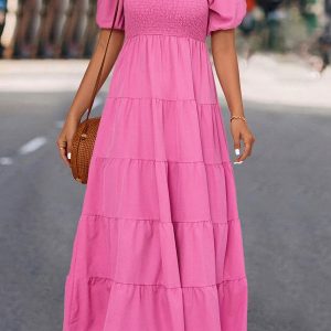 Solid Smocked Puff Sleeve Midi Dress