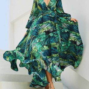 Green Leaf Print Maxi Dress