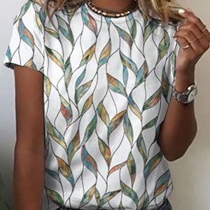 Color Leaf Print Round Neck Short Sleeve T-Shirt