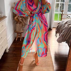 Fashion Print Balloon Sleeve Lace-Up Dress