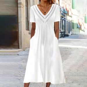 White Short Sleeve Plain Midi Dress