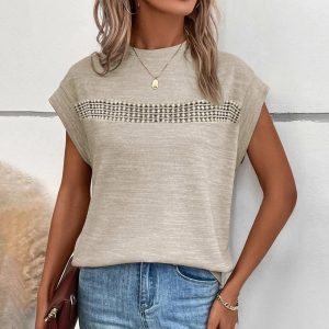 Beige Short Sleeve Plain Top