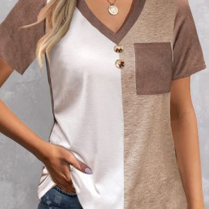 Pocket Light Camel V Neck T Shirt
