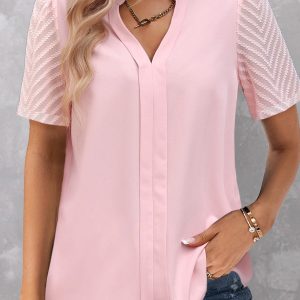 Split Light Pink Patchwork Short Sleeve Blouse