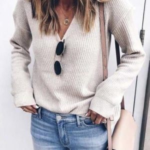 V-neck Solid Long Sleeve Sweater