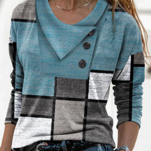 Cowl Neck Geometric Buttoned Casual T-Shirt/Tee