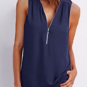 V-Neck Zips Plain Sleeveless Tops