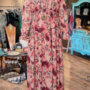 Floral Print Ruffle V-Neck Maxi Dress