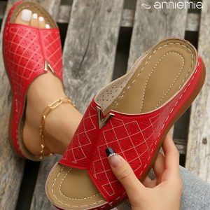 Vintage Hollow Out Wedge Slide Sandals