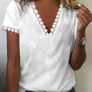 Lace Regular Fit V Neck Casual Short Sleeve T-Shirt