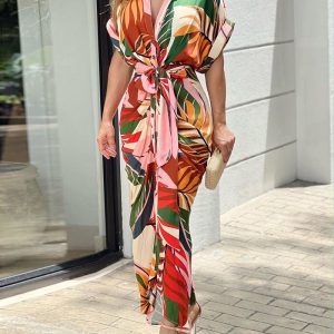 Lapel Tie Leaf Print Dress