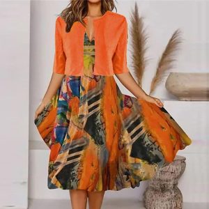 Orange Half Sleeve V-Neck Midi Dress
