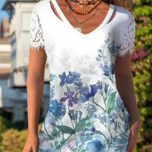 Women’s Short Sleeve V-Neck Lace Flower Print Fashion Top