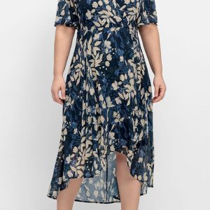 Plus Size Mother Of The Bride Navy Blue Chiffon Floral Print Tunic Tea-Length Dress