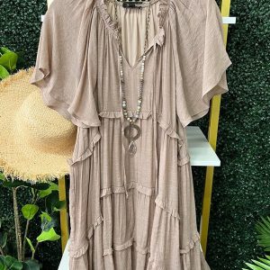 Solid Ruffled Sleeve Pleated V-Neck Dress