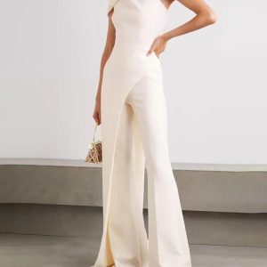 Oblique Shoulder Solid Color Jumpsuit