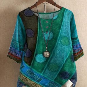 Tribal Pattern O-neck Half Sleeve Loose Women T-shirt