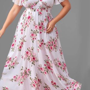 Plus Size Casual Pink Chiffon Floral Print Ruffle Sleeve V Neck Tunic Maxi Dress
