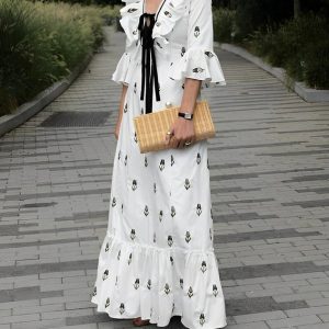 V Neck Elegant Regular Fit Ruffled Sleeves Dress