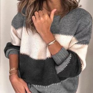 Striped Color Block Long Sleeve Round Neck Sweater