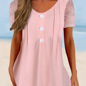 Women’s Lace Buttons Short Sleeve Scoop Neck Top