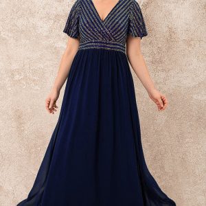 Plus Size Evening Gowns Navy Blue Sequin Butterfly Sleeves Maxi Dress