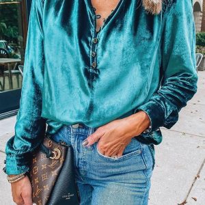 Vintage Button Detailed Velvet Top