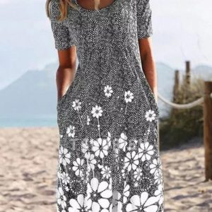 Women’s Dresses Round Neck Vintage Floral Pocket Short Sleeve Dress