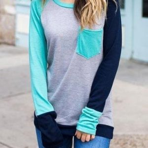 Color Block Pocket Long Sleeve Baseball T-Shirt Tee