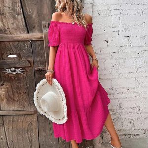 Rose Red Plain Short Sleeve Midi Dress