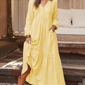 Buttoned Cotton and Linen Retro Casual Long-sleeved Dress