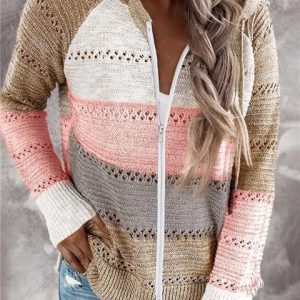 Contrast Color Knitted Zipper Lightweight Tops