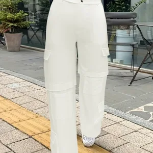 High Waisted Button Side Flap Pocket Flare Casual Cargo Pants