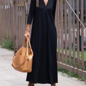 V-Neck Long Sleeve Loose Solid Color Dress