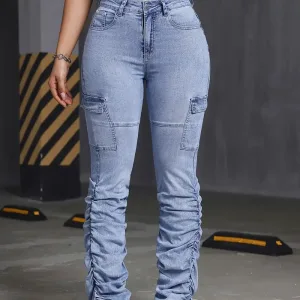 High Waisted Back Side Pocket Stretchy Knit Denim Casual Leggings