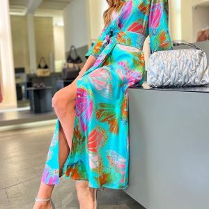 Casual Lapel Print Shirt Dress Midi Dress