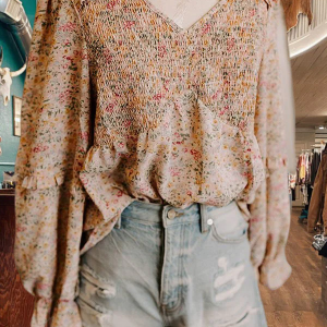 Floral Print Smocked Ruffled V-Neck Blouse