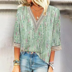 Unique 3/4 Sleeve Print Green Top