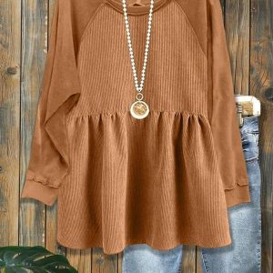 Casual Corduroy Paneled Pleated Top