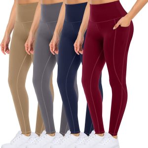 4 Pack Yoga Leggings with Pockets for Women – High Waist Tummy Control Pants for Workout