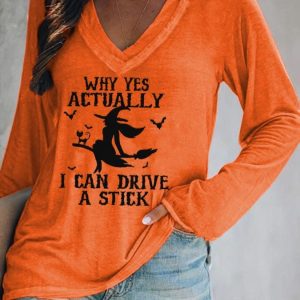 Women’s Halloween Why Yes Actually I Can drive A Stick Casual V-Neck Long-Sleeve T-Shirt