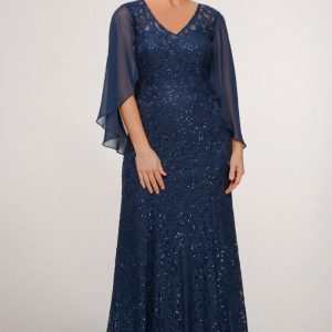 Plus Size Mother Of The Bride Navy Blue Chiffon Lace Sequin Double Layered Cape Maxi Dress