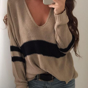 Knit Sweater V-Neck Stripe Sweater