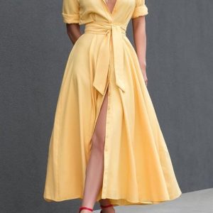 Plain Elegant Regular Fit Short Sleeve Shirt Collar Dress