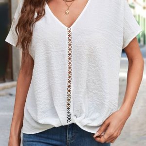 Patchwork Lace Casual Loose V Neck Blouses