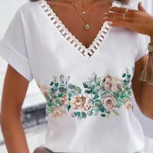 Women’s Short Sleeve V Neck Floral Print Fashion Casual Top