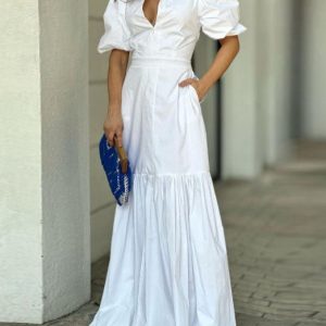 Lapel Puff Sleeve Dress