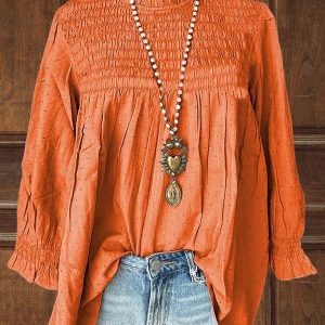 Solid Long Sleeve Pleated Smocking Top