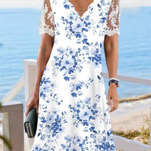 Women’s Floral Printed Lace Short Sleeve V-neck Dress