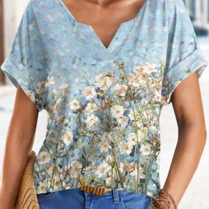 Floral Printed Casual Notched Loose T-Shirt